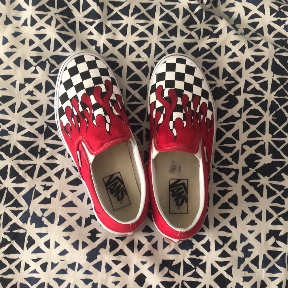 Red w/ checkered flames Vans
